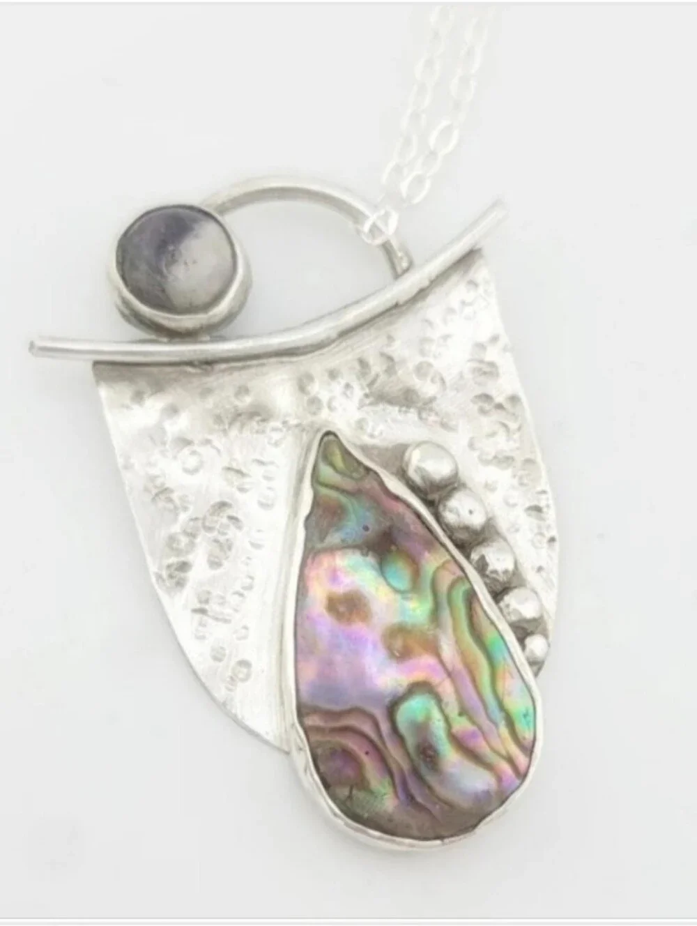 ABALON ABSTRACT AMETHYST PENDANT HANDMADE IN STERLING SILVER METAL W/ SS CHAIN